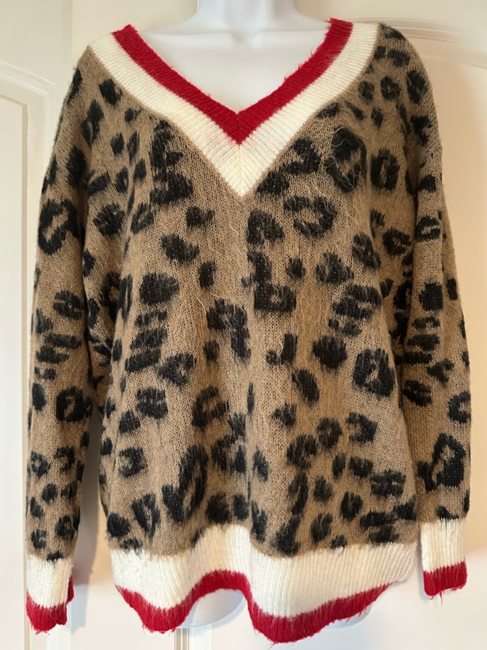 Lulu's Leopard V-Neck Sweater with Red and Cream Trim